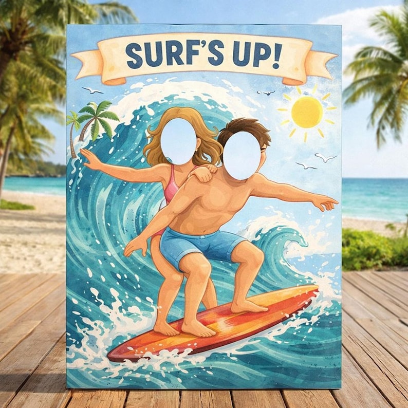Surfing Couple Photo Prop Board – Beach Party Stand-in Face Cutout ...