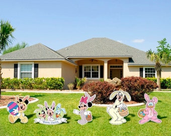 Mickey Minnie goofy Donald dress up as bunnies this Easter// happy Easter sign Disney fab 5 gang