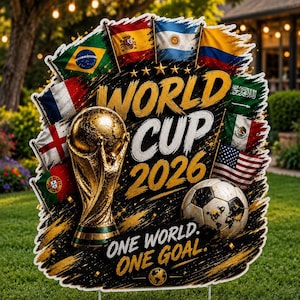 May include: A yard sign featuring a golden World Cup trophy and soccer ball, with flags of various nations. The sign reads "WORLD CUP 2026" and "ONE WORLD. ONE GOAL." The sign is set on a green lawn.