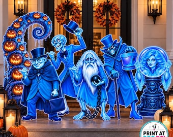 Haunted Ghost Yard Decor Set | Spooky Mansion Halloween Cutouts | Hitchhiking Ghosts, Hatbox Ghost & Leota | Outdoor Halloween Deco