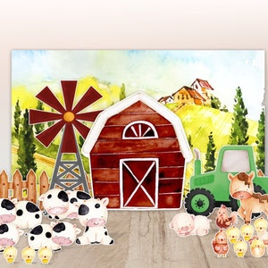 May include: A watercolor illustration of a farm scene with a red barn, a windmill, a green tractor, and a variety of farm animals, including cows, pigs, and chickens. The scene is set against a backdrop of rolling hills and a blue sky.