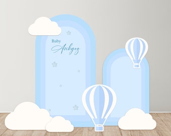 Whimsical Baby Blue Hot Air Balloon  with clouds Backdrop for Your Little Aviator!