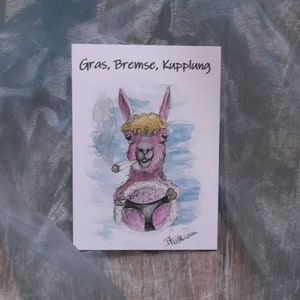 Wenskaart Lama "Gras, Rem, Koppeling"