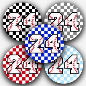May include: A collection of five round baseball-themed designs. Each features the number 24 in white with red baseball stitching, set against a checkered background in black, gray, red, blue, and light blue.