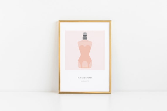 Jean Paul Gaultier fashion print, Madonna corset bottle, Classique perfume, alternative graphic fashion print, Blonde Ambition conical bra
