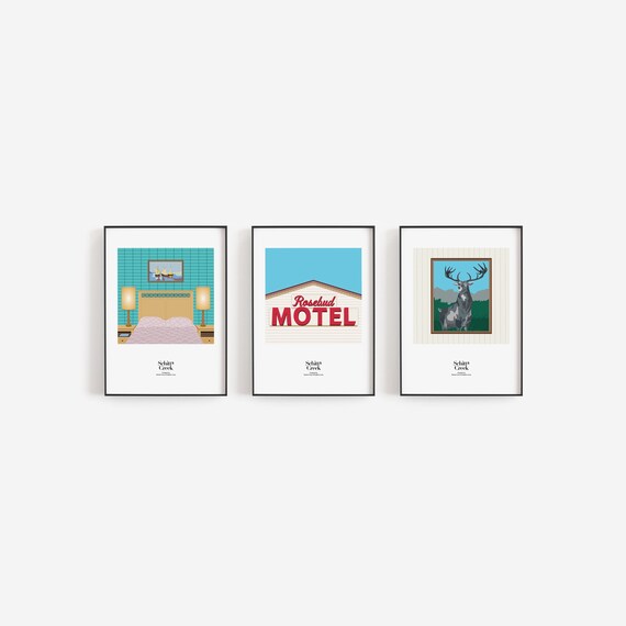 Schitt's Creek prints, collection of 3 prints, Daniel & Eugene Levy, Rosebud Motel, Rose family motel, Schitt's creek stag painting