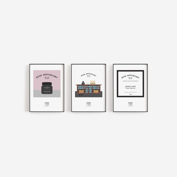 Schitt's Creek prints, collection of 3 prints, Daniel & Eugene Levy, Rose Apothecary, David Rose store, foot cream jar, Hockley's Farm tea