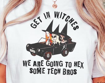 Camiseta feminista vintage de bruja, divertida camiseta de bruja, antioligarquía, negar, defender y deponer, mercancía de FAFO, impuestos a los ricos, camiseta de "No Tech Bros", liberal