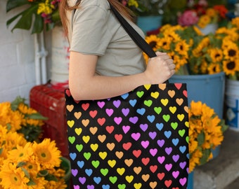 Rainbow heart tote bag, Reusable shopping bag, Heart Print bag, Grocery tote, school book bag, Valentine gift for friend, LGBT Pride bag