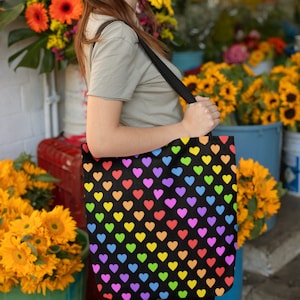 Rainbow heart tote bag, Reusable shopping bag, Heart Print bag, Grocery tote, school book bag, Valentine gift for friend, LGBT Pride bag image 1