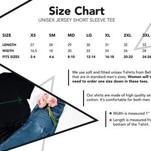 May include: Size chart for unisex short sleeve t-shirts. The chart shows sizes XS through 3XL with corresponding length and width measurements in inches. The chart also includes the size range each t-shirt fits.  The chart is on a white background with a black triangle in the upper left corner and a gray triangle in the upper right corner.