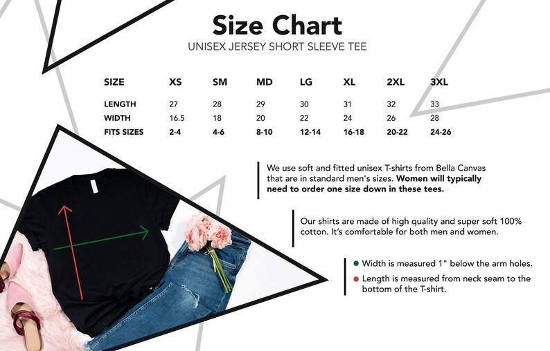 May include: Size chart for unisex short sleeve t-shirts. The chart shows sizes XS through 3XL with corresponding length and width measurements in inches. The chart also includes the size range each t-shirt fits.  The chart is on a white background with a black triangle in the upper left corner and a gray triangle in the upper right corner.