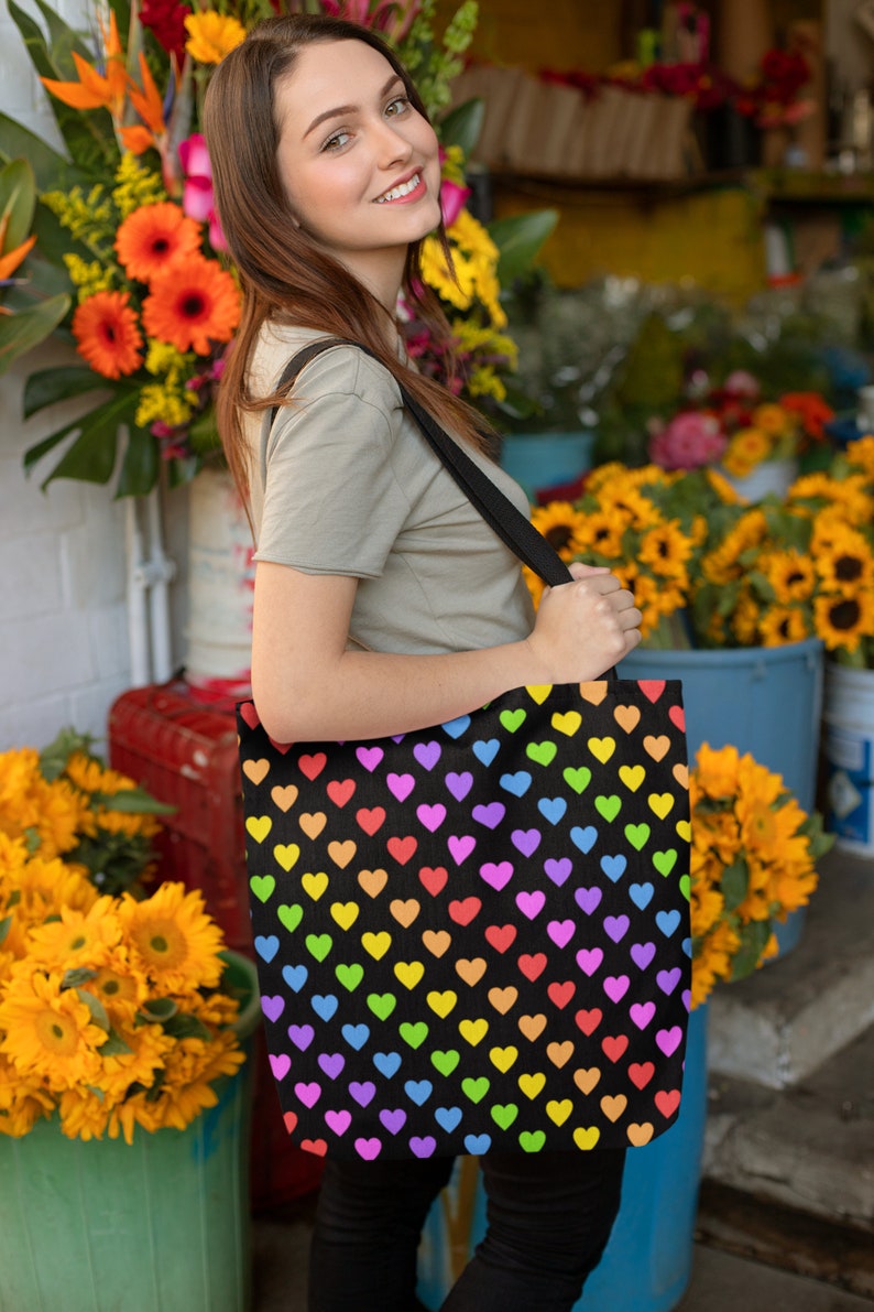Rainbow heart tote bag, Reusable shopping bag, Heart Print bag, Grocery tote, school book bag, Valentine gift for friend, LGBT Pride bag image 1