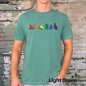 Peut inclure: T-shirt vert clair avec une rang&eacute;e de chats de dessin anim&eacute; color&eacute;s. Les chats sont rouges, oranges, jaunes, verts, bleus et violets. Le texte "Light Green" est en bas de l'image.