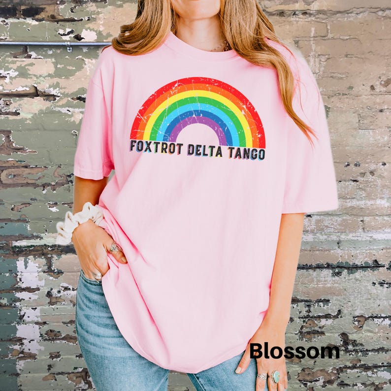 May include: A pink t-shirt with a rainbow graphic and the text "FOXTROT DELTA TANGO" printed on the front.