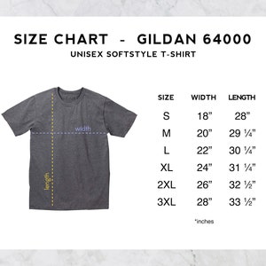 May include: Size chart for Gildan 64000 Unisex Softstyle T-Shirt. The chart shows sizes S through 3XL with corresponding width and length measurements in inches.