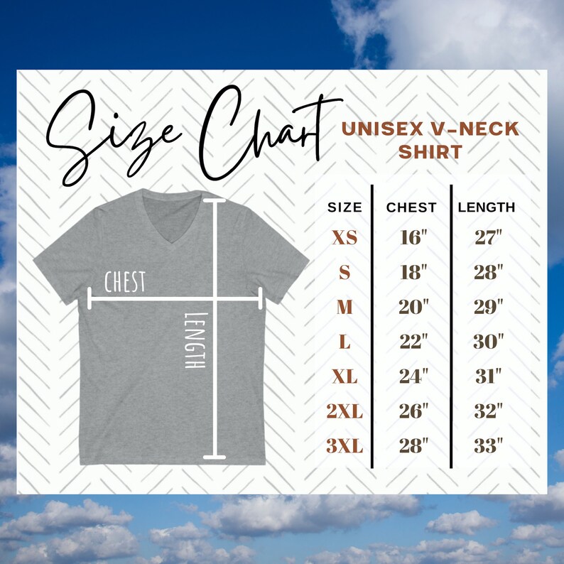 Puede incluir: Tabla de tallas para una camiseta de cuello en V unisex. La tabla muestra las medidas de pecho y largo en pulgadas para las tallas XS a 3XL.