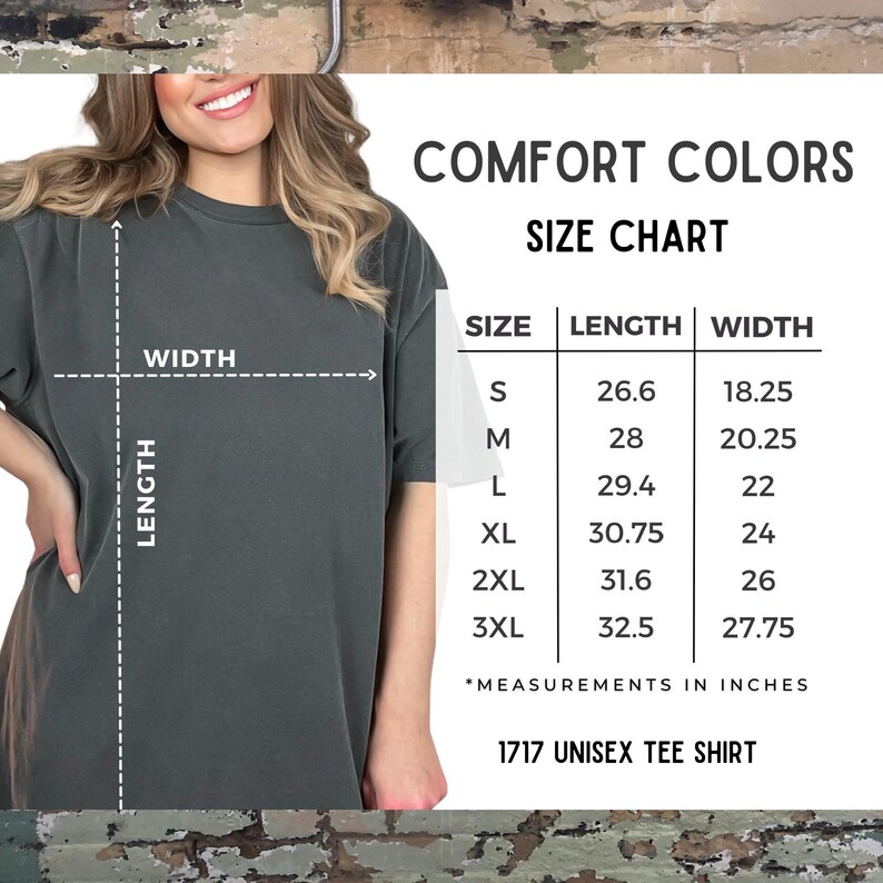 Peut inclure: Un t-shirt unisexe Comfort Colors gris fonc&eacute;. L'image comprend un tableau des tailles avec des mesures en pouces pour les tailles S &agrave; 3XL. La longueur du t-shirt varie de 67,6 cm &agrave; 82,6 cm, et la largeur de 46,4 cm &agrave; 70,5 cm.
