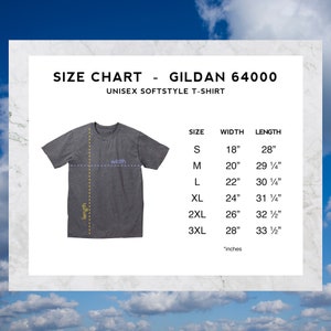 Peut inclure: Tableau des tailles pour un t-shirt unisexe Gildan 64000. Le tableau indique les mesures de largeur et de longueur en pouces pour les tailles S (45.7cm x 71.1cm) &agrave; 3XL (71.1cm x 85.1cm). Un t-shirt gris est pr&eacute;sent&eacute;.