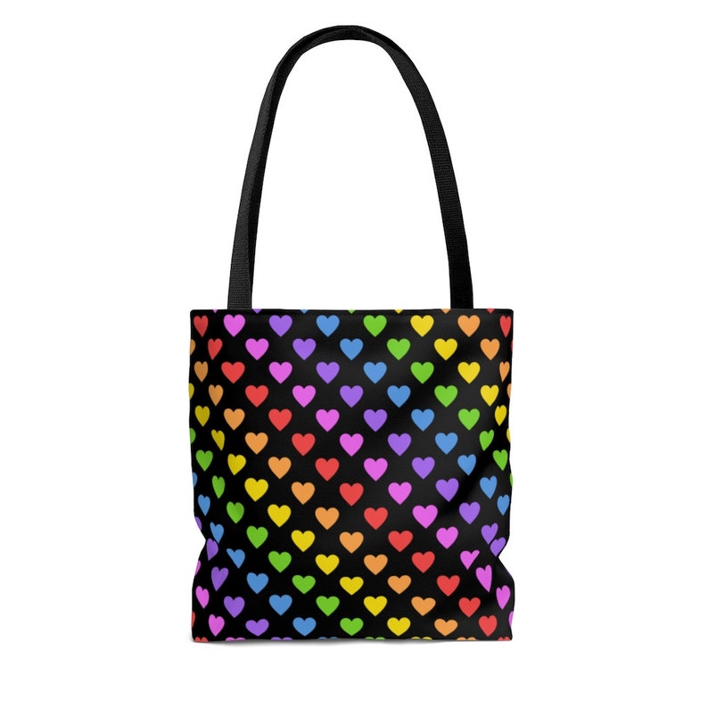 Rainbow heart tote bag, Reusable shopping bag, Heart Print bag, Grocery tote, school book bag, Valentine gift for friend, LGBT Pride bag image 3