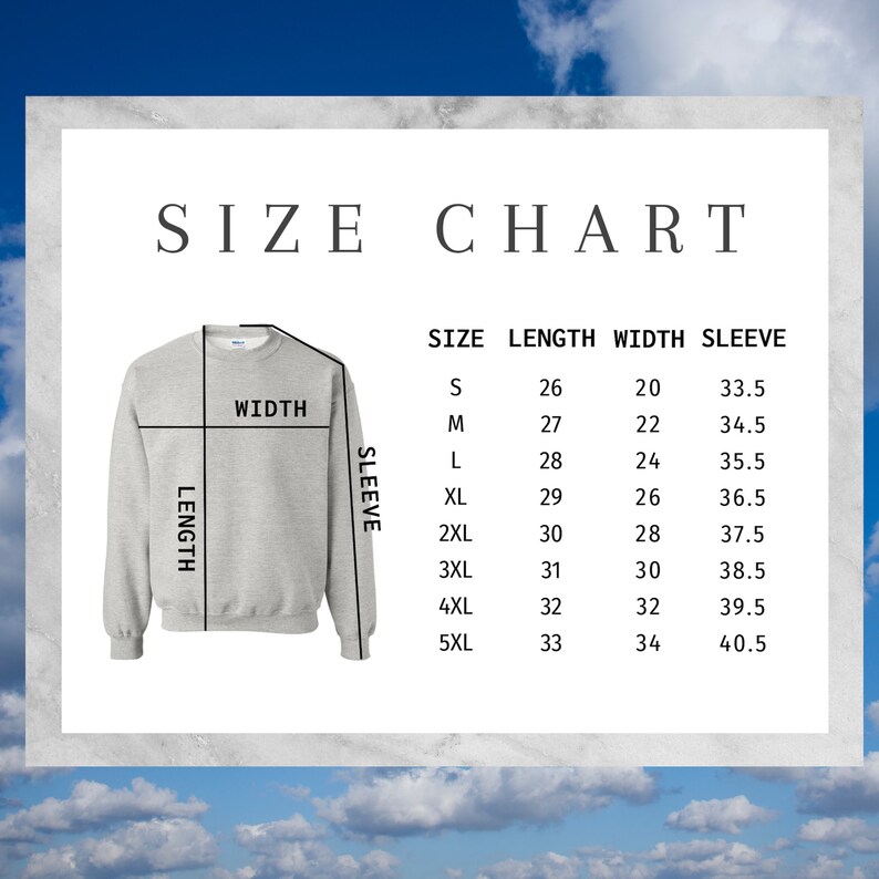 K&ouml;nnte beinhalten: Eine Gr&ouml;&szlig;entabelle f&uuml;r ein graues Sweatshirt mit Rundhalsausschnitt, inklusive einer Skizze mit Linien f&uuml;r L&auml;nge, Breite und &Auml;rmell&auml;nge. Eine Tabelle f&uuml;hrt die Gr&ouml;&szlig;en S bis 5XL mit den entsprechenden Ma&szlig;en in Zoll f&uuml;r L&auml;nge, Breite und &Auml;rmel auf.