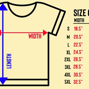 May include: A t-shirt size guide with measurements in inches. The guide shows width and length for sizes S to 5XL. The image includes a diagram of a t-shirt with arrows indicating width and length.