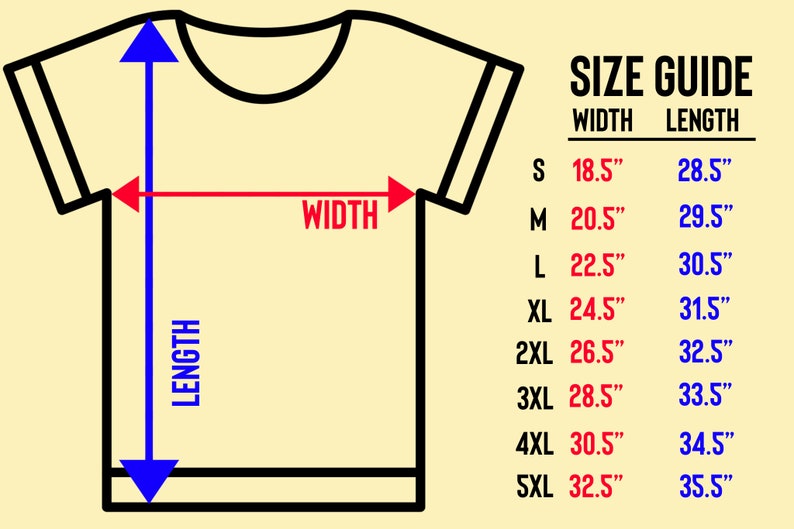 May include: A t-shirt size guide with measurements in inches. The guide shows width and length for sizes S to 5XL. The image includes a diagram of a t-shirt with arrows indicating width and length.