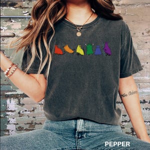 Peut inclure: T-shirt gris fonc&eacute; avec une rang&eacute;e de personnages de dessins anim&eacute;s color&eacute;s en rouge, orange, jaune, vert, bleu et violet. Le mot "PEPPER" est imprim&eacute; en bas. Le t-shirt est port&eacute;.