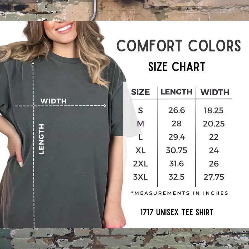 May include: Size chart for a unisex t-shirt, showing measurements in inches for sizes S, M, L, XL, 2XL, and 3XL. The chart shows the length and width of each size.