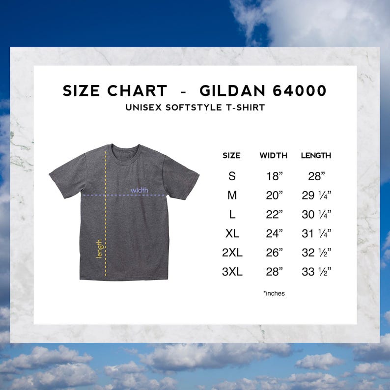 K&ouml;nnte beinhalten: Gr&ouml;&szlig;entabelle f&uuml;r Gildan 64000 Unisex Softstyle T-Shirts. Die Tabelle zeigt die Breite und L&auml;nge in Zoll f&uuml;r die Gr&ouml;&szlig;en S, M, L, XL, 2XL und 3XL.