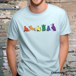 Peut inclure: T-shirt bleu clair avec une illustration color&eacute;e de sept cr&eacute;atures f&eacute;lines align&eacute;es. Chaque cr&eacute;ature est d'une couleur diff&eacute;rente, notamment rouge, orange, jaune, vert, bleu et violet. Le mot "Chambray" est imprim&eacute; en bas.