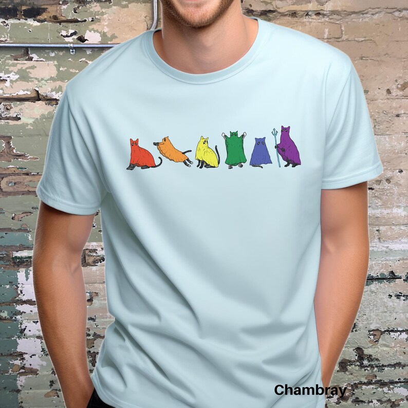 Peut inclure: T-shirt bleu clair avec une illustration color&eacute;e de sept cr&eacute;atures f&eacute;lines align&eacute;es. Chaque cr&eacute;ature est d'une couleur diff&eacute;rente, notamment rouge, orange, jaune, vert, bleu et violet. Le mot "Chambray" est imprim&eacute; en bas.