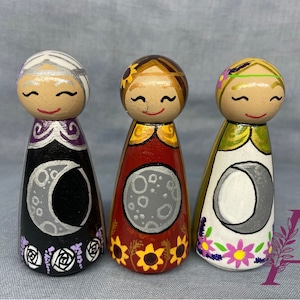 Peg Doll Goddess Trio- Maiden, Mother, Crone, moon phases