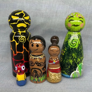 May include: Set of five hand-painted wooden dolls. The dolls are all different heights and have different designs. The tallest doll is black with yellow and red accents. The second tallest doll is green with white and pink accents. The third tallest doll is brown with black and white accents. The fourth tallest doll is brown with red and white accents. The shortest doll is red with yellow and blue accents.