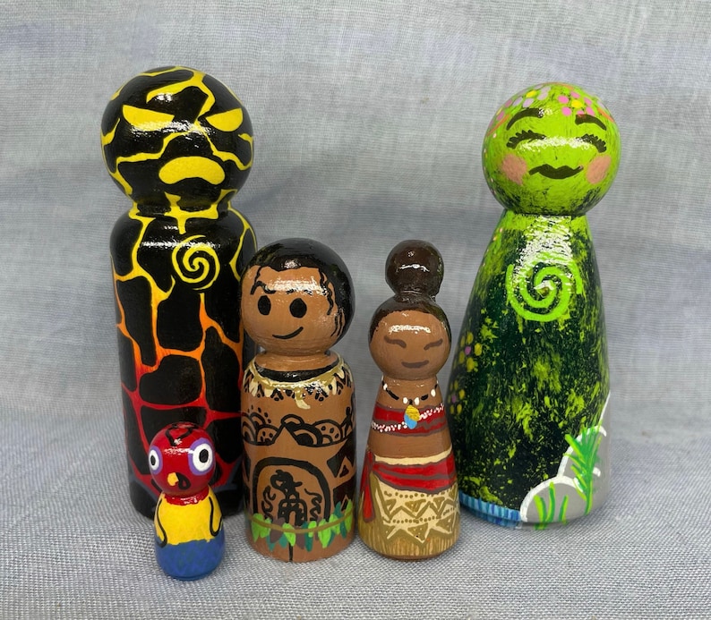May include: Set of five hand-painted wooden dolls. The dolls are all different heights and have different designs. The tallest doll is black with yellow and red accents. The second tallest doll is green with white and pink accents. The third tallest doll is brown with black and white accents. The fourth tallest doll is brown with red and white accents. The shortest doll is red with yellow and blue accents.