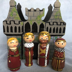 Castle peg doll play set, King, Queen, Knight, Princess, Jester