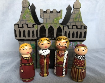 Castle peg doll play set, King, Queen, Knight, Princess, Jester