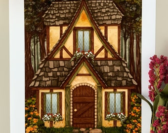 Fairytale Cottage Art Print, Fairytale Cottage Art, Floral Cottage Art, Forest Cottage, Cottage Core Decor, Enchanted Cottage, Cottagecore