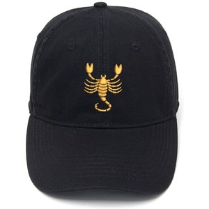 May include: A black baseball cap with a gold embroidered scorpion design.