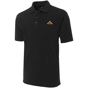 May include: Black short-sleeved polo shirt with a gold embroidered chevron and crossed rifles insignia.