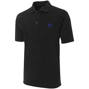 May include: Black polo shirt with a blue embroidered Star of David on the left chest.