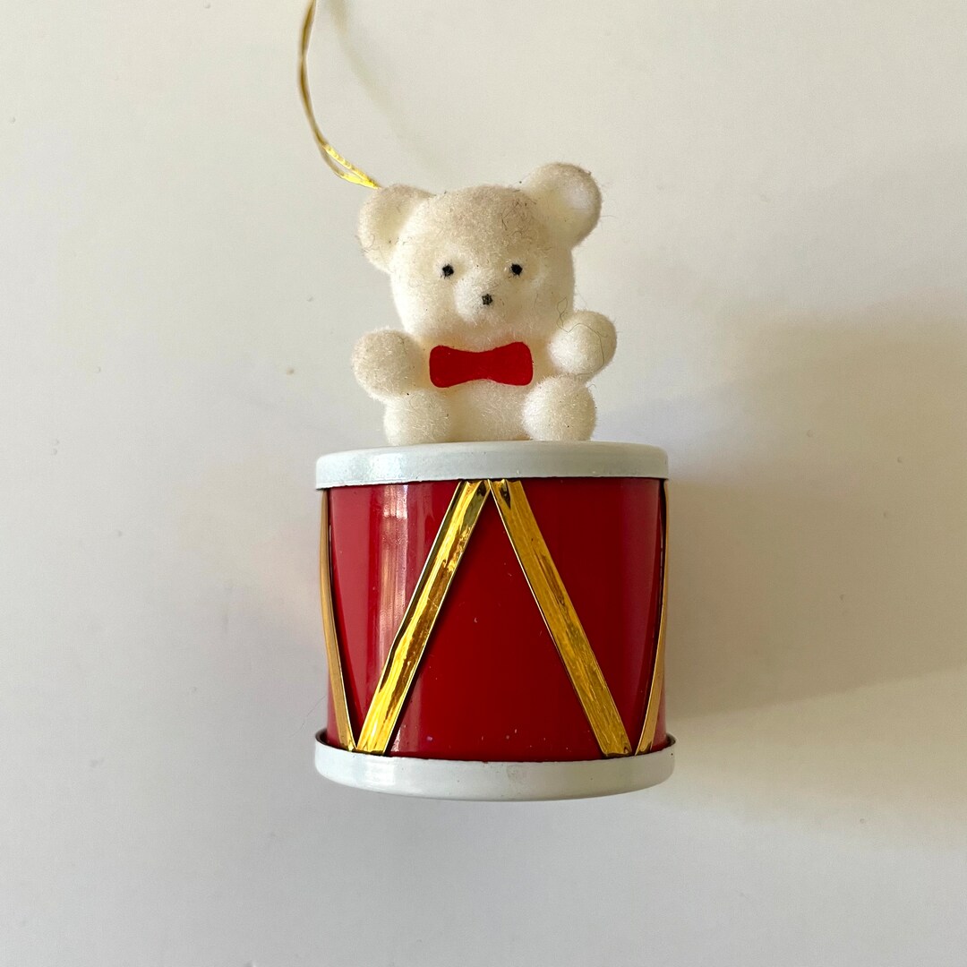 Vintage Flocked Bear on a Drum Christmas Ornament Etsy