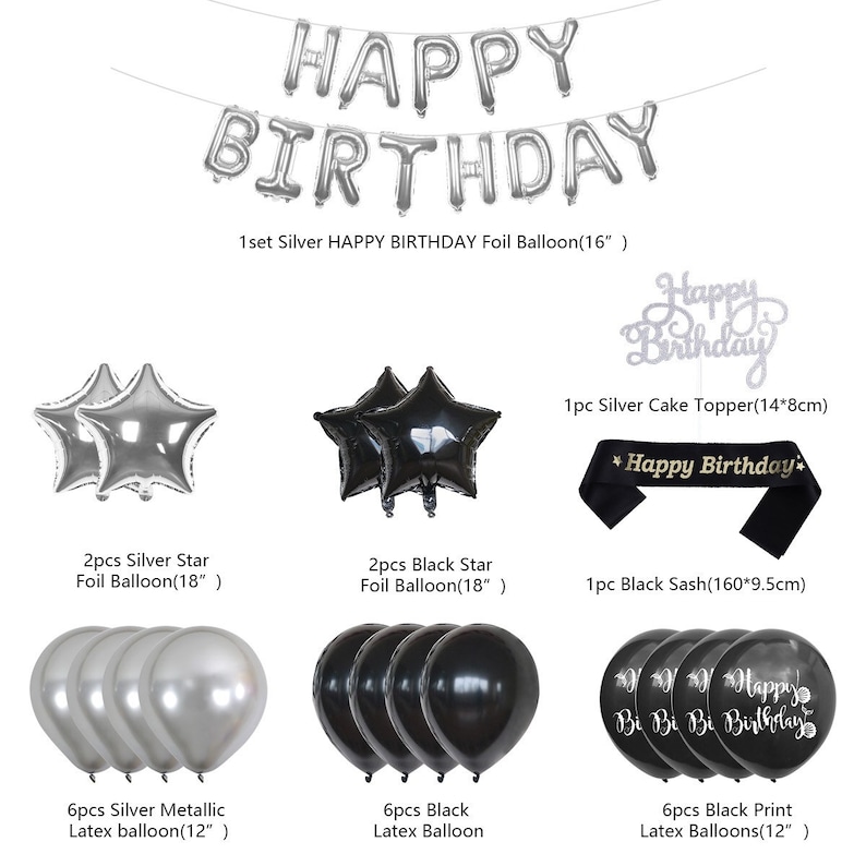 24th Birthday Decorations Birthday Party Supplies Black and Silver Birthday Decoration 24 Cake Topper Banner Balloons Birthday Surprise