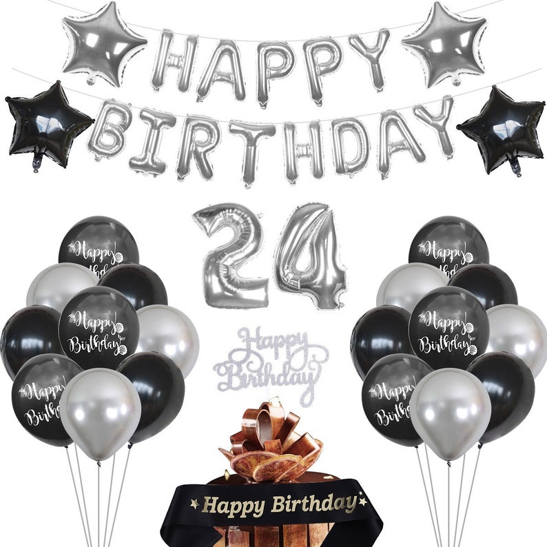 24th Birthday Decorations Birthday Party Supplies Black and Silver Birthday Decoration 24 Cake Topper Banner Balloons Birthday Surprise