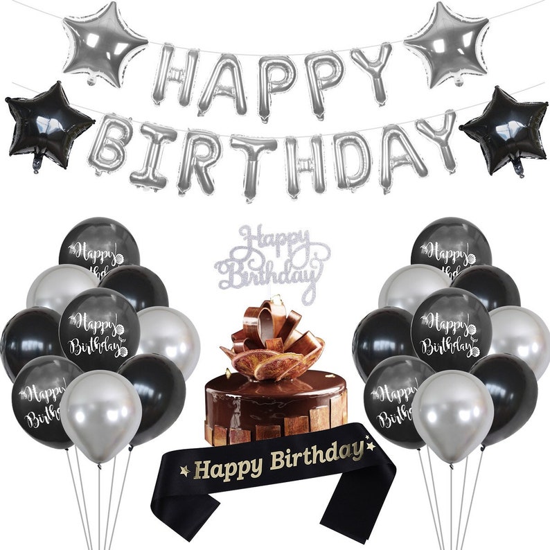 24th Birthday Decorations Birthday Party Supplies Black and Silver Birthday Decoration 24 Cake Topper Banner Balloons Birthday Surprise
