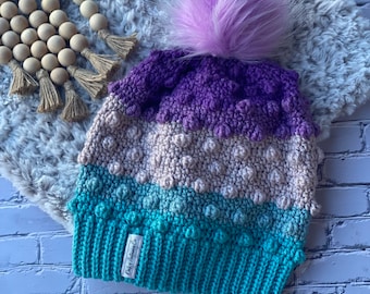 womens beanie, fall accessories, womens boho beanie, colorful beanie, pompom, slouchy, relaxed, detachable pom, brimless beanie