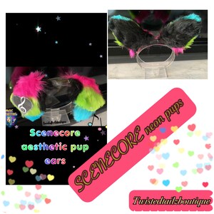 May include: A pair of black faux fur ear headbands with neon pink, green, and blue tips. The headbands are on a white background with the text "Scenecore neon pups" and "Twistedtailzboutique".