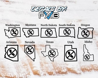 Puede incluir: Un gráfico en blanco y negro que muestra los contornos de varios estados de EE. UU. con una señal de prohibido el paso sobre California. El texto "DECALS BY FWB" está en la parte superior de la imagen.