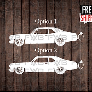 May include: Two white silhouette images of a classic car, labeled "Option 1" and "Option 2". The car is a Chevrolet Nova, a popular muscle car from the 1960s and 1970s.