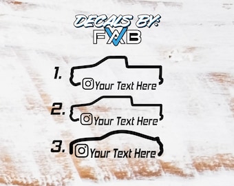 May include: Three black and white truck silhouette decals with the text "Your Text Here" and a small Instagram icon. The decals are numbered 1, 2, and 3.